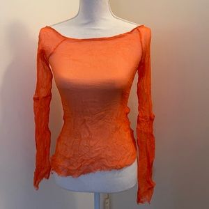 Joie sheer orange asymmetric deconstructed unfinished hem stretchy chiffon top